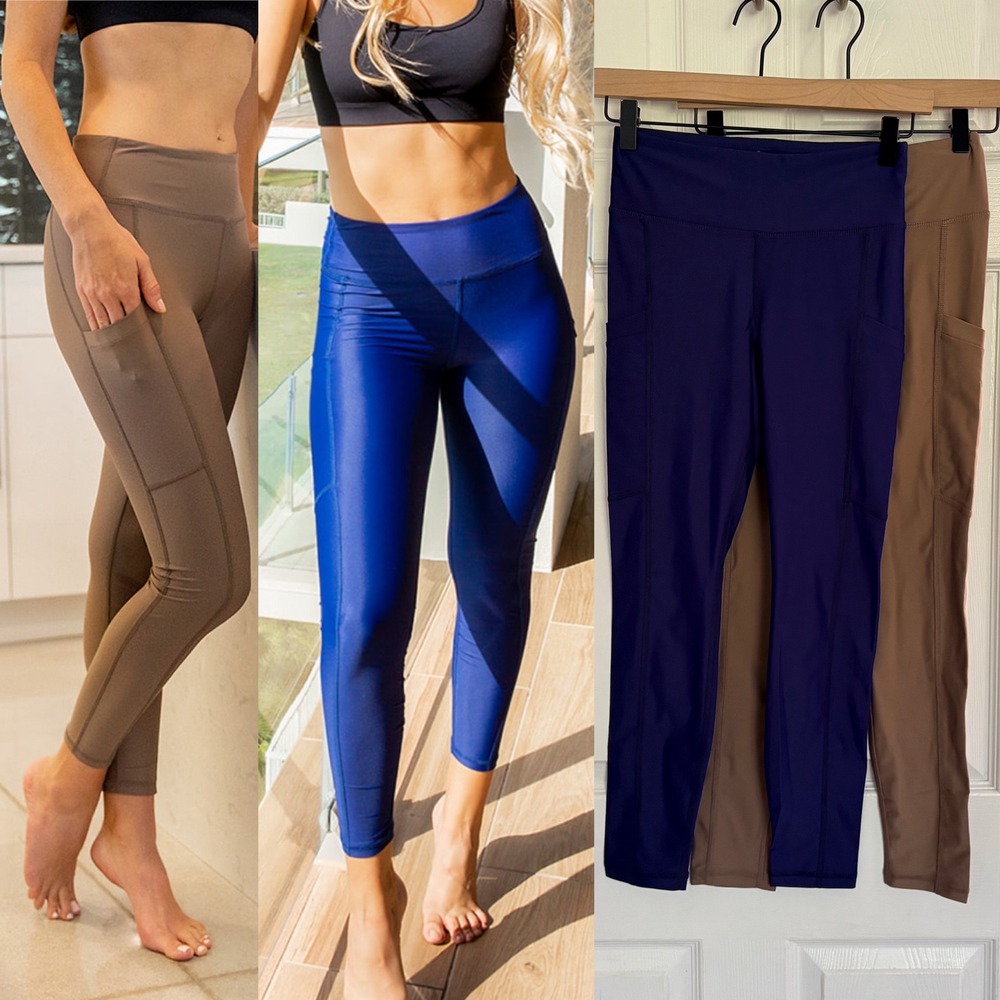 NEW Yummy & Trendy Signature Pocket Leggings LOT OF 2 XS Blue Brown High Waisted